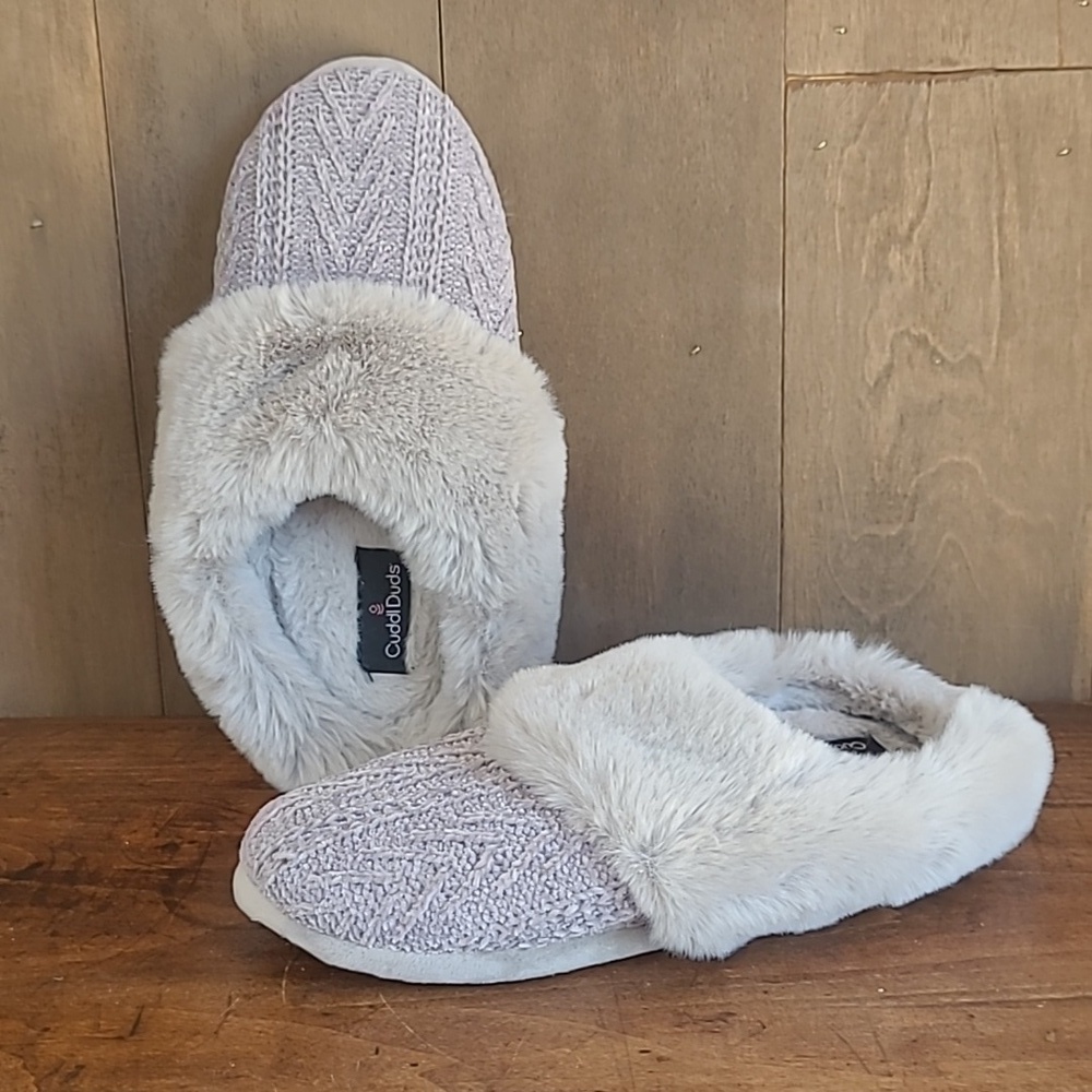 Cuddl Duds Slippers Women's Large Grey Cable Knit Faux Fur Slip On Slippers